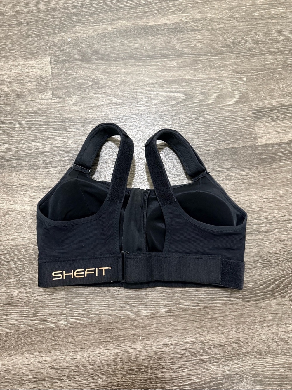 NWOT SHEFIT Black Front-Zip High-Impact Sports Bra with Hook-and-Loop Band